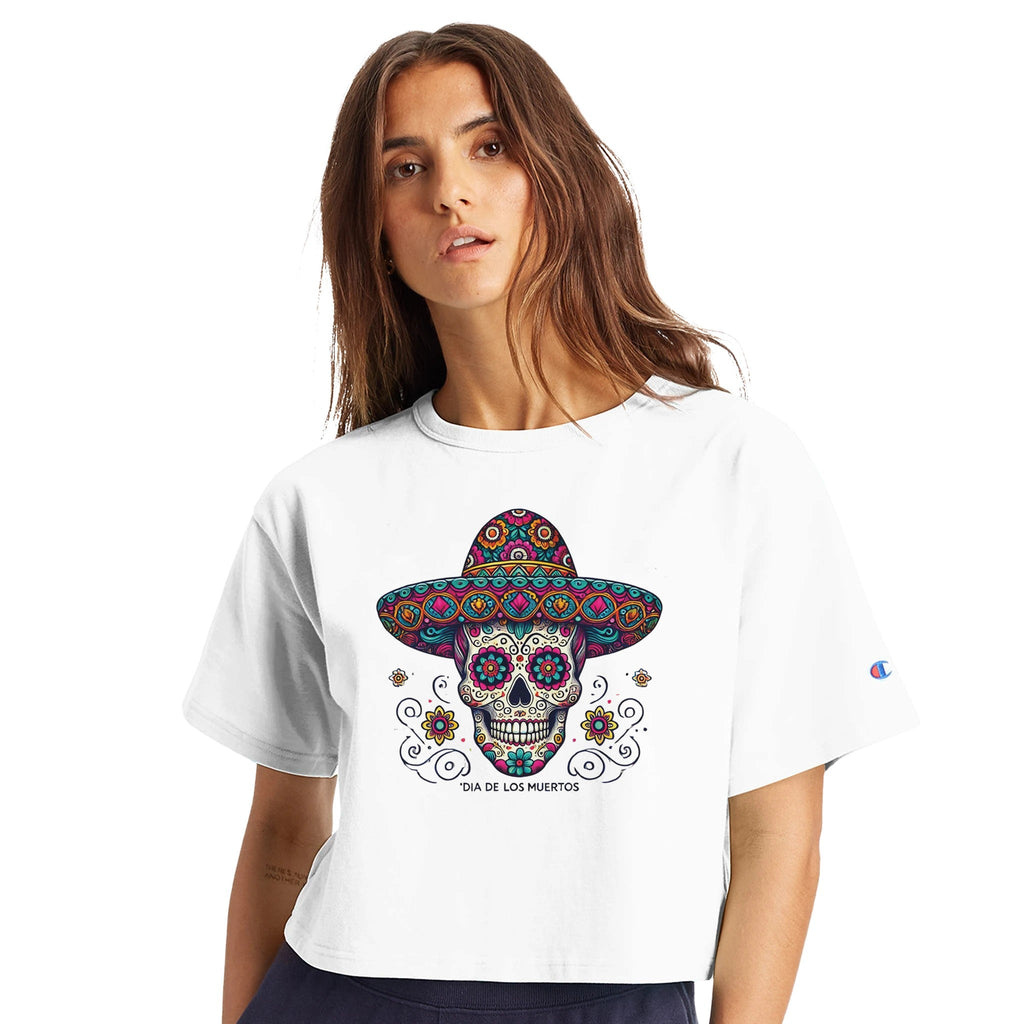 Dia De Los Muertos Sombrero Women's Cropped Heritage Crewneck T-Shirt | Champion T453W - DazeRoom