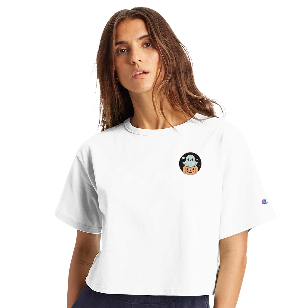 Ghost Pumpkin Retro Vice Edition Women's Cropped Heritage Crewneck T-Shirt | Champion T453W - DazeRoom