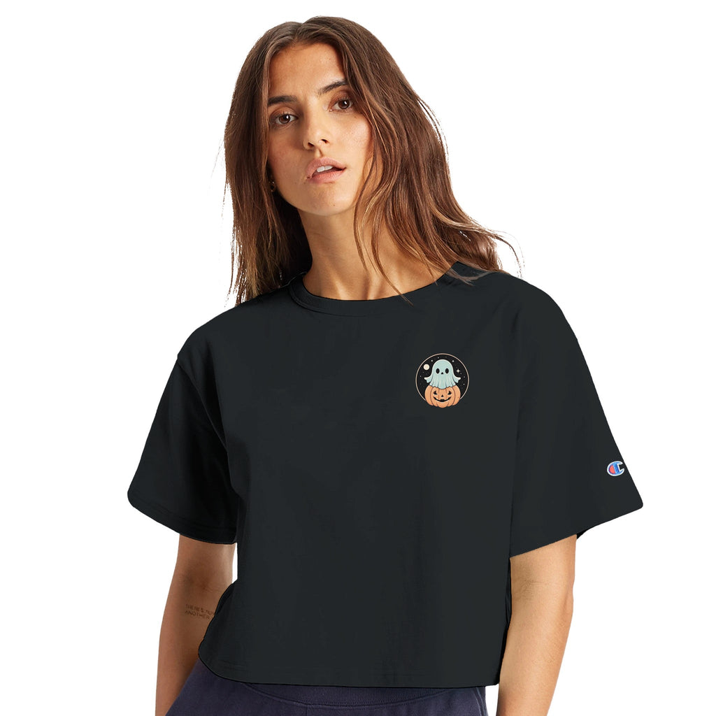 Ghost Pumpkin Retro Vice Edition Women's Cropped Heritage Crewneck T-Shirt | Champion T453W - DazeRoom