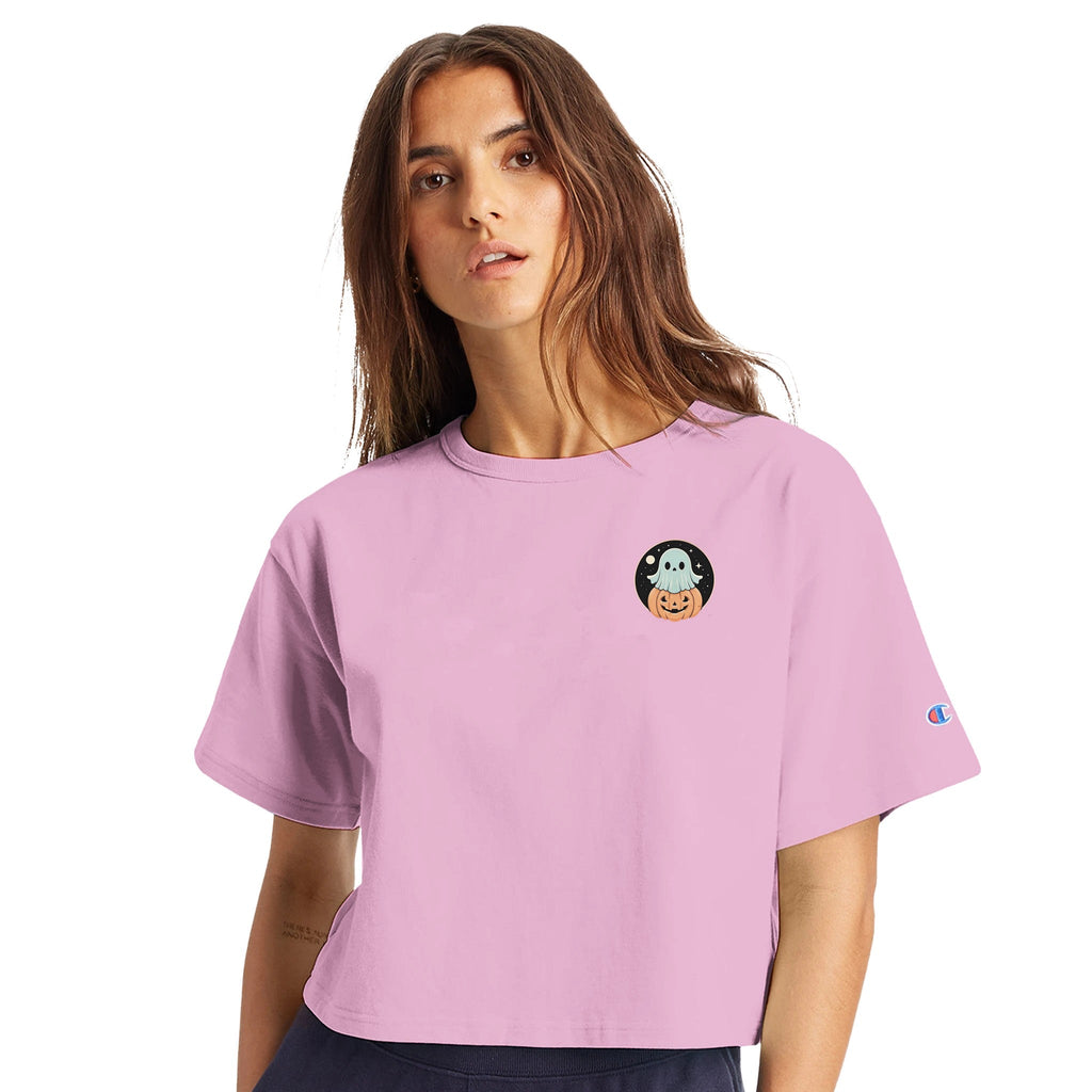 Ghost Pumpkin Retro Vice Edition Women's Cropped Heritage Crewneck T-Shirt | Champion T453W - DazeRoom