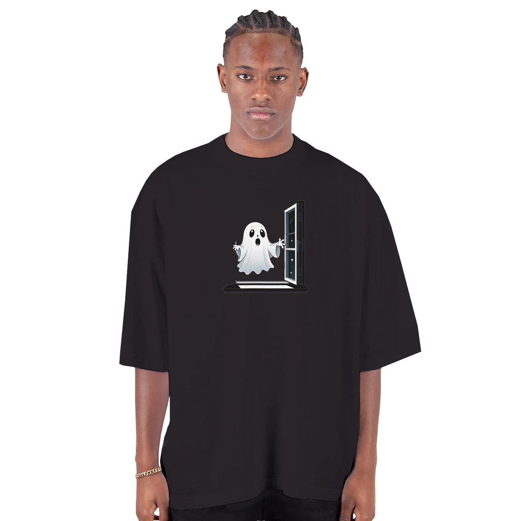 Ghost Window Haunt Men's Oversized Drop - Shoulder Crewneck T-Shirt - DazeRoom