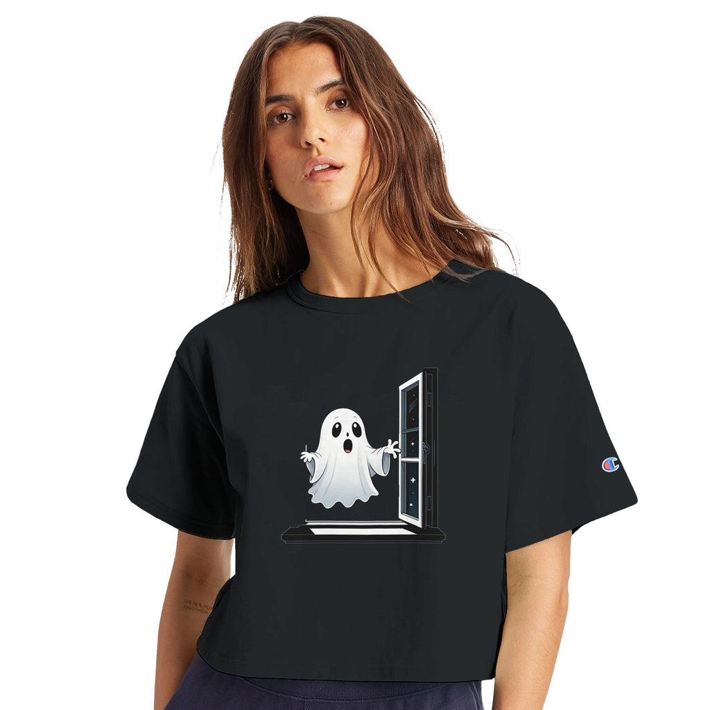 Ghost Window Haunt Women's Cropped Heritage Crewneck T-Shirt - DazeRoom