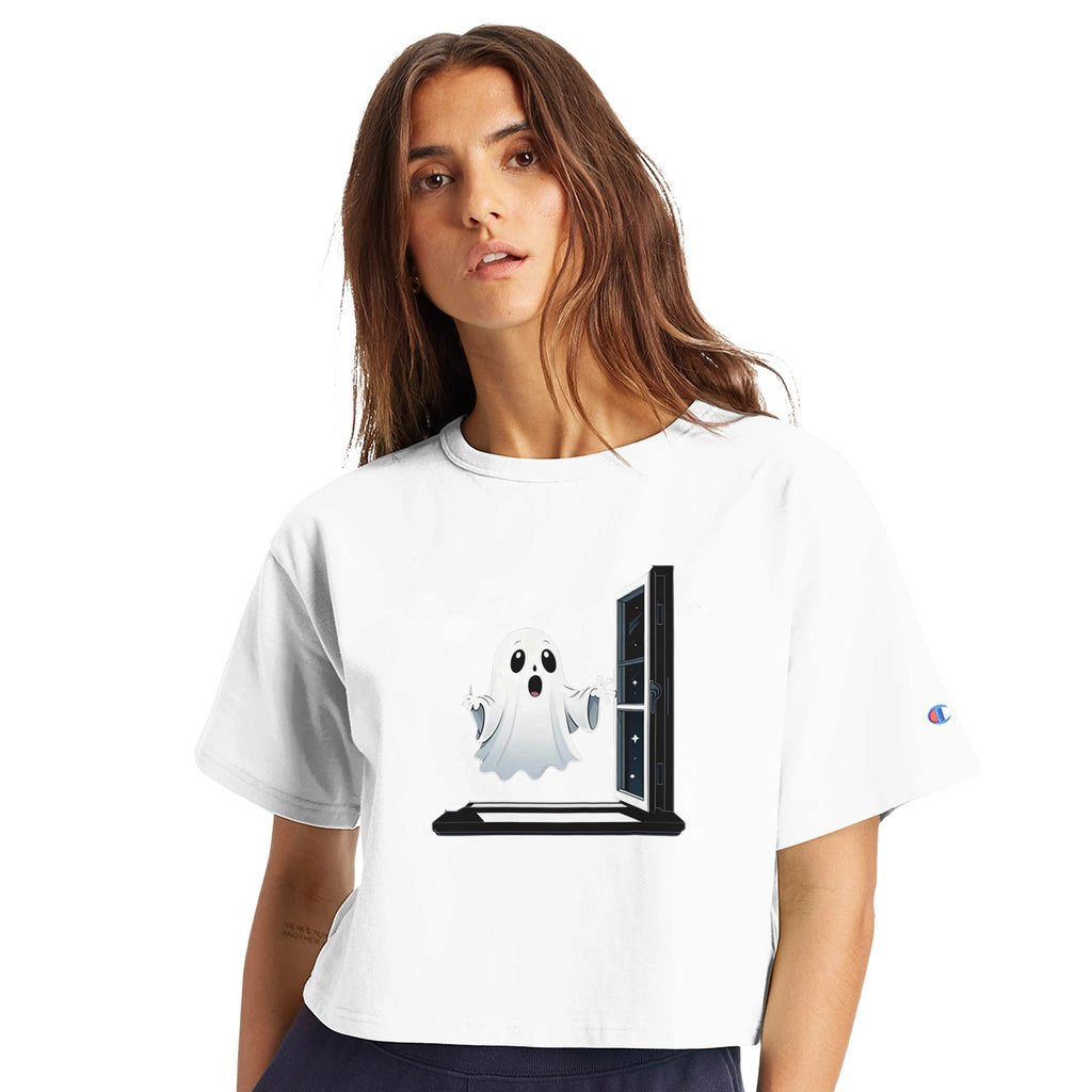 Ghost Window Haunt Women's Cropped Heritage Crewneck T-Shirt - DazeRoom