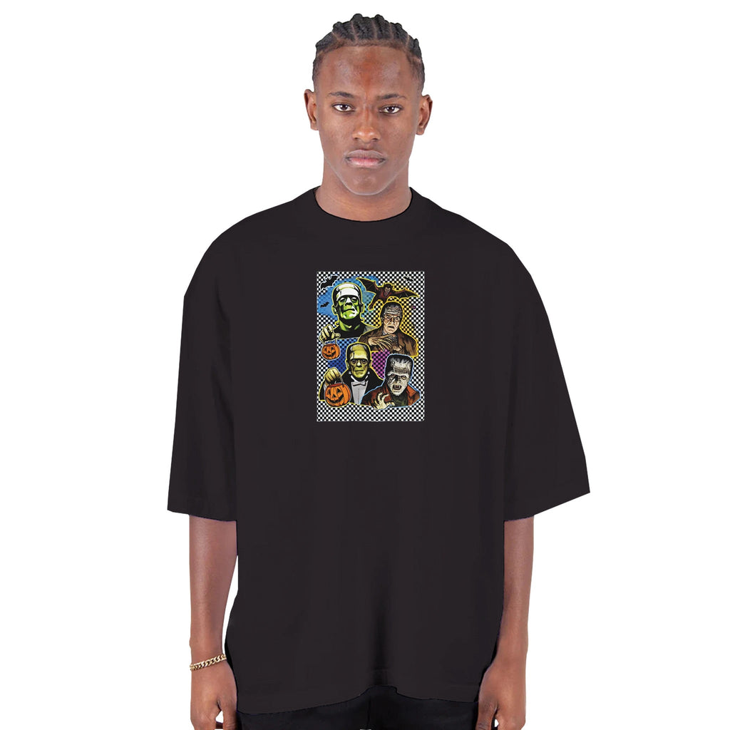 Retro Halloween Monsters Men's Oversized Drop - Shoulder Crewneck T-Shirt | Shaka Wear SHGDD - DazeRoom