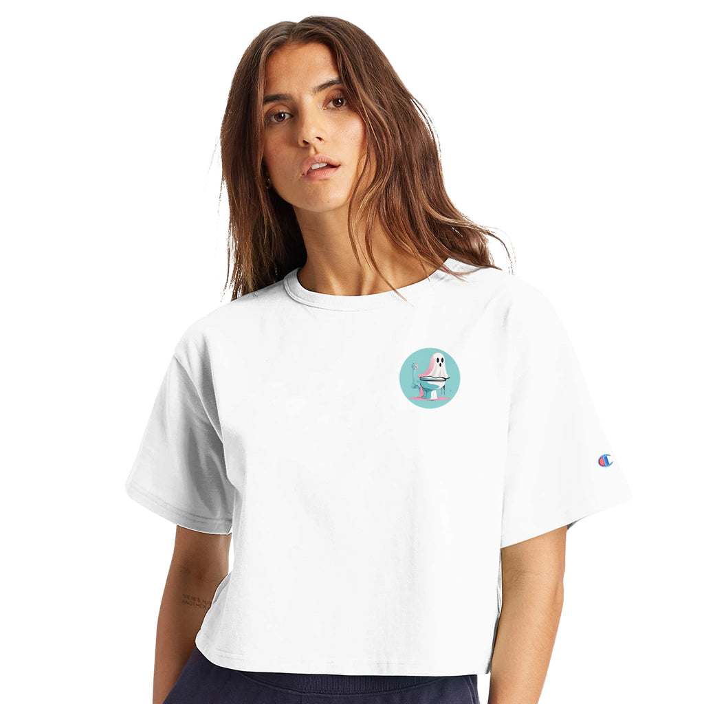 Scared Ishless 3 Blue Retro Vice Edition Women's Cropped Heritage Crewneck T-Shirt | Champion T453W - DazeRoom